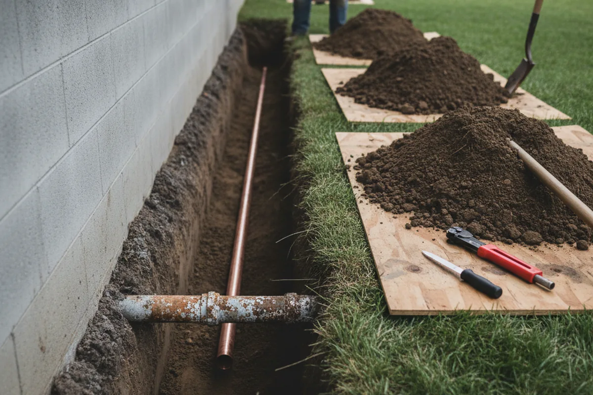 Excavated water line trench during Sewer Line Repair in Great Lakes